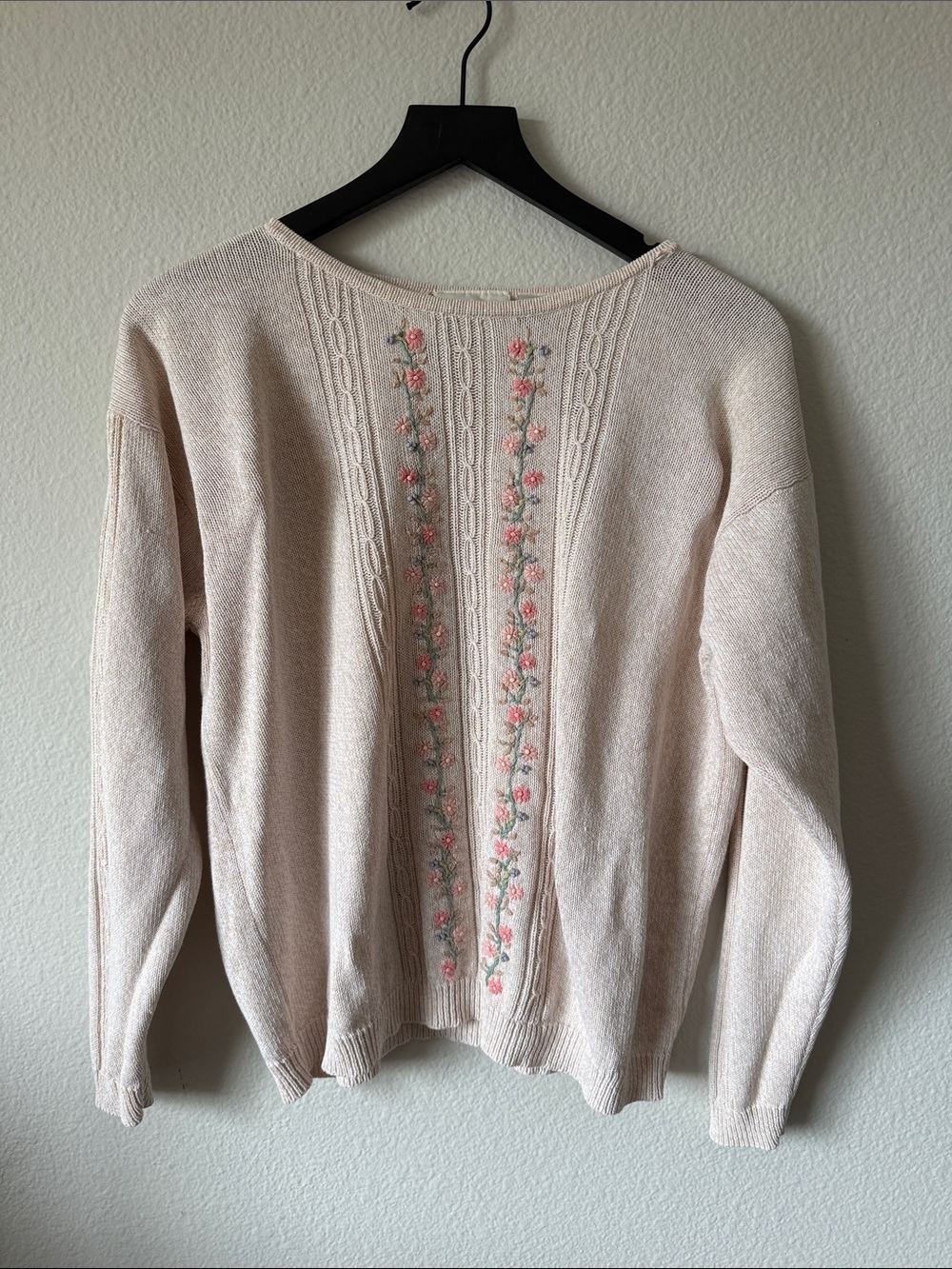 Northern Reflections Cream Crewneck Sweater with Pink Floral Embroidery
